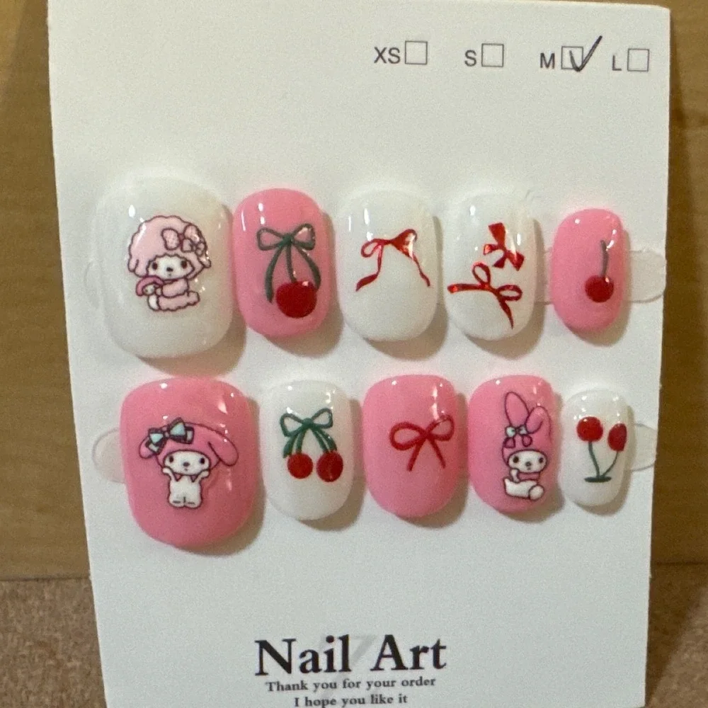 My Melody Sanrio Inspired Press‎ On Nails Pink White Cherry Bow Kawaii Medium